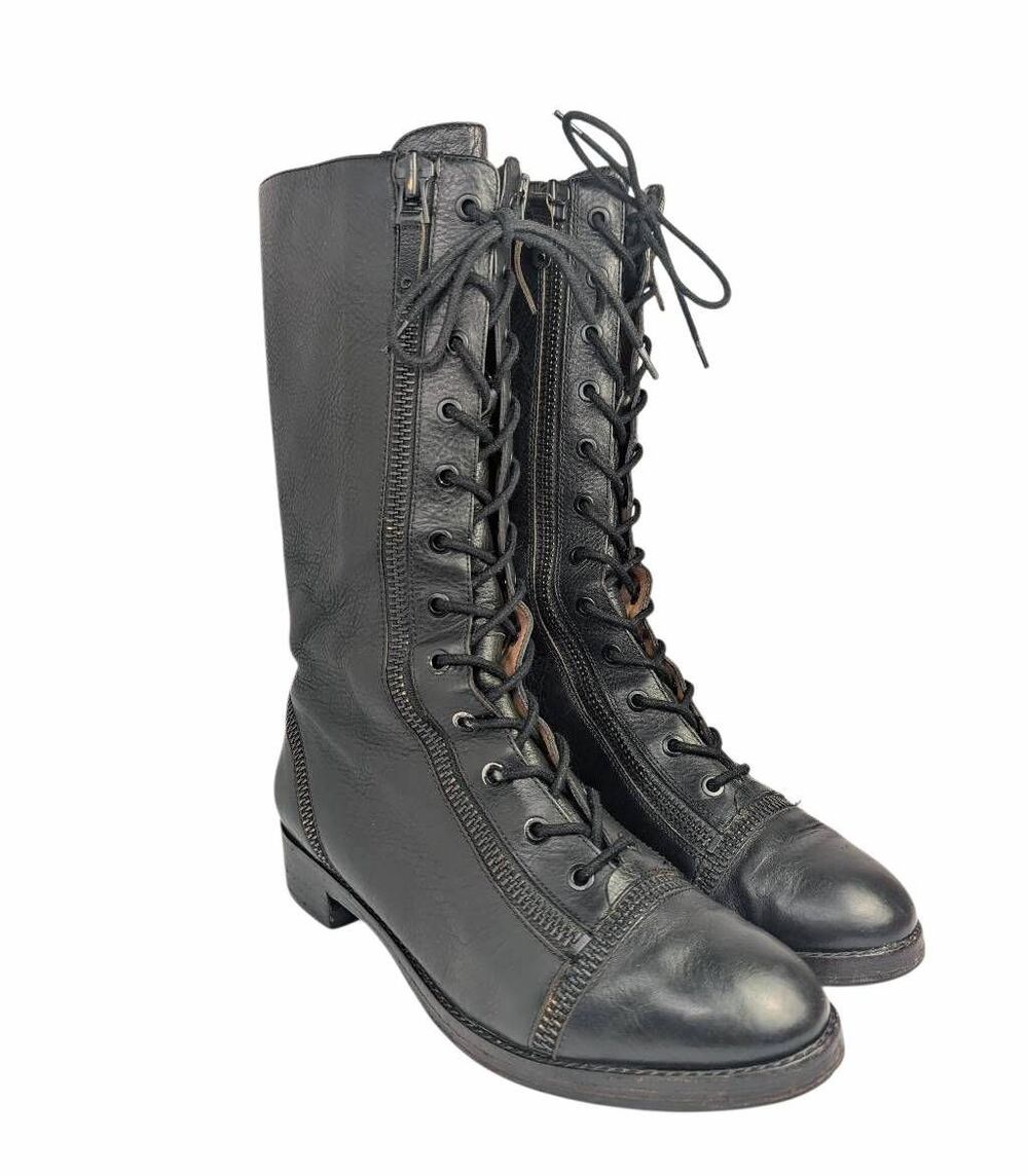 Via Spiga Gwendolyn Black leather midcalf zipper lace up combat boots women 10.5